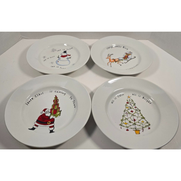 Pottery Barn Set of 4 HOLIDAY CHEER 9.25" Christmas Lyrics Dinner Plates Dishes - Picture 1 of 4